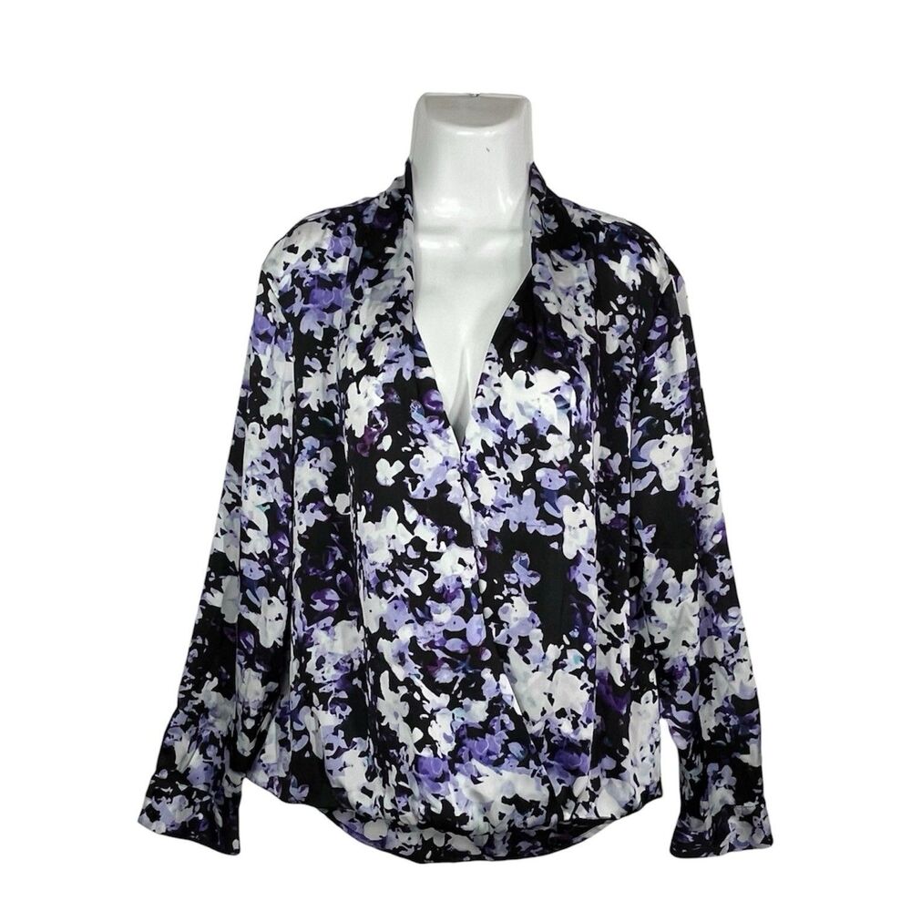 Apt. 9 Floral Wrap Blouse XL Purple V Neck Snaps Long Sleeve Top Career